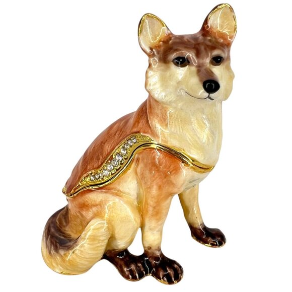 Red Fox Jeweled Enamel Trinket Box Rhinestones Gold Accents - Picture 1 of 11